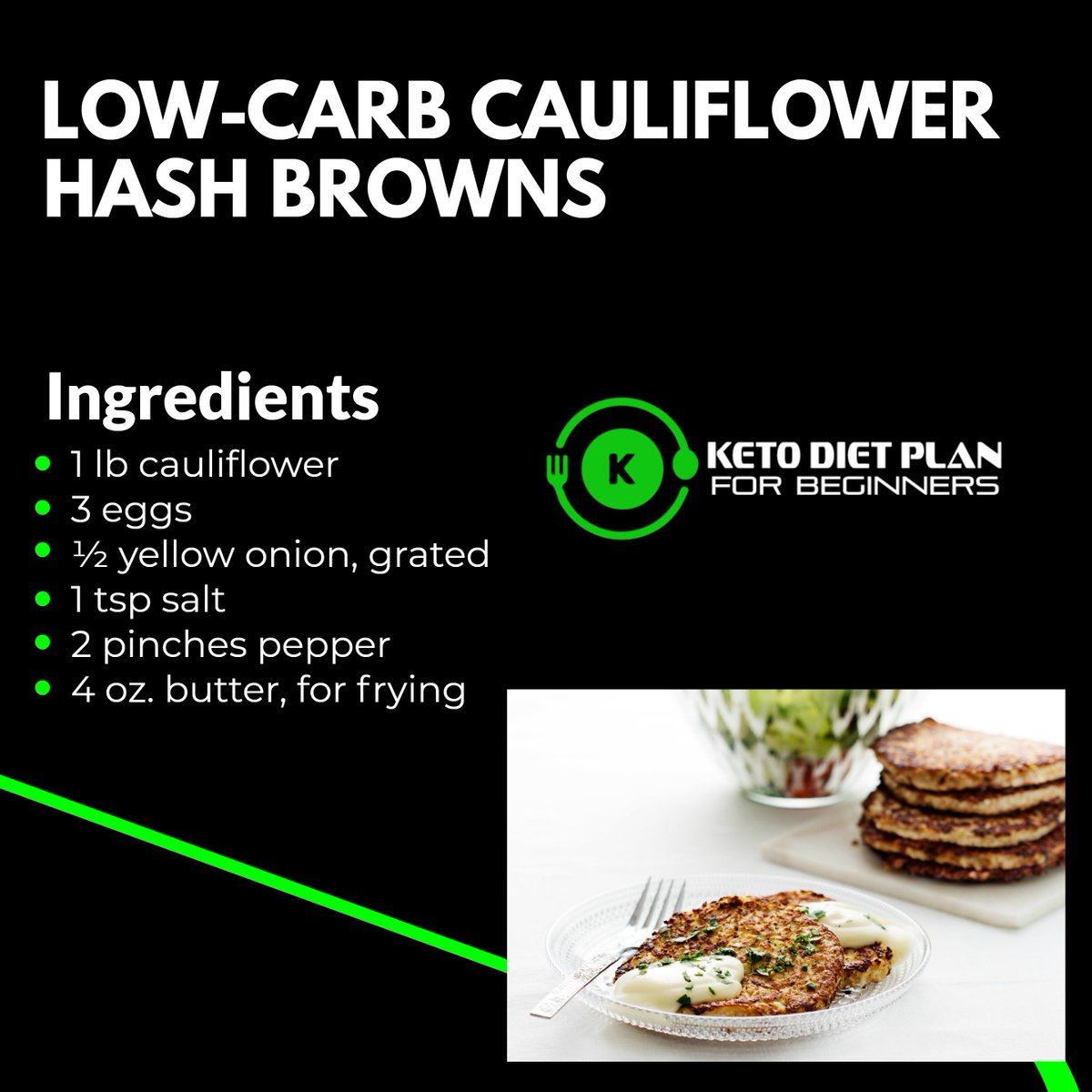 Low-carb cauliflower hash browns.
-
These rich, buttery, low-carb pancakes totally wow hash brown fans. They’re delicious by themselves or as a side dish. Try them with homemade mayonnaise or seasoned butter or sour cream. Mmmmm…

#ketodietplanforbeginners #ketorecipes #Keto