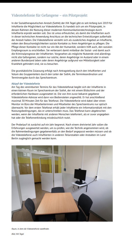 jvaberlintegel's tweet photo. Hier die #Sensation aus der #SoThA ... #Video Telefonie
Wow ... willkommen im 21.Jahrhundert.
Ein Auszug aus den neuen Newsletter der #Senatsverwaltung für #Justiz
Als nächstes wird vielleicht der Behandlungsvollzug eingeführt ?!? https://t.co/QWDic5OBIx