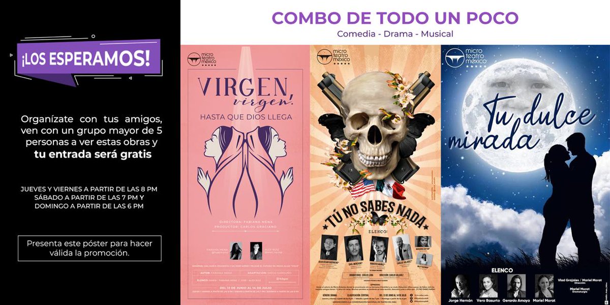 Pide en la  taquilla de MicroTeatro @microteatromex "Tu Dulce Mirada" <a href="/mtm_tu/">Tu Dulce Mirada MTM</a> en su combo "De todo un Poco", 3 obras por solo $215 con "Virgen Virgen hasta que Dios llega" y " Tu no Sabes Nada" <a href="/NosabesnadaM/">Tú no sabes nada / Microteatro</a>
Hoy sábado funciones a partir de las 7:10pm