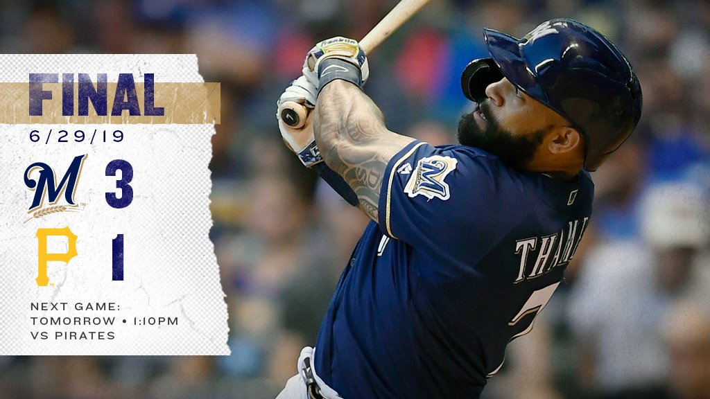 Brewers's tweet photo. .@B_Woody24 picks up his 10th victory of the season, @EricThames leads the offense and Josh Hader slams the door with his 20th save.  

Solid Saturday night at the yard.

RECAP: https://t.co/7qdfdKxscl https://t.co/uR4JtWXcis