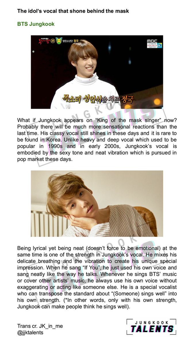 jjktalents's tweet photo. Music critic: #Jungkook has quite a unique vocal tone as a Korean. He has such a voice that can't be easily seen in Kpop.
 
Melon: His classy vocal still shines &amp; it's rare to be found in Korea. His vocal is embodied by sexy tone &amp; neat vibration which is pursued in pop market. https://t.co/2W00ulGqPb