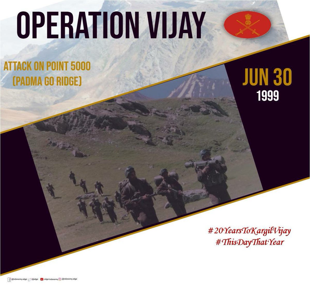 adgpi's tweet photo. 'Operation Vijay'
30 June 1999

Ladakh Scouts launched an attack on Point 5000. Despite
having to negotiate steep escarpments and deep snow at places, the column succeeded in capturing the objective.

#20YearsToKargilVijay https://t.co/AyQDRcXzPR