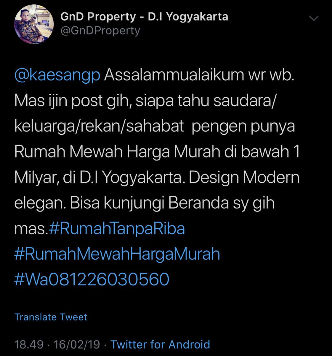habibthink's tweet photo. Mas @GnDProperty, saya bantu post ya biar kalau ada cebong yang menyamar, dia akan langsung mengurungkan niat untuk membeli.

Tapi ini ga berlaku untuk mas @kaesangp dan keluarganya ya

🤭 https://t.co/9IjwCFicEQ
