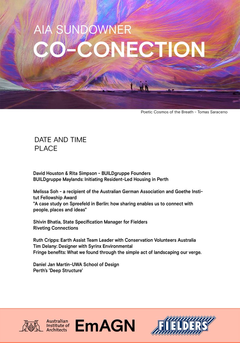 _makingfutures's tweet photo. Excited to be part of the Australian Institute of Architects' sundowner with this year's theme, 'Co-connection' with some of Perth's fantastic design thinkers. Hope to see you there! https://t.co/1C4Zm4TfW5