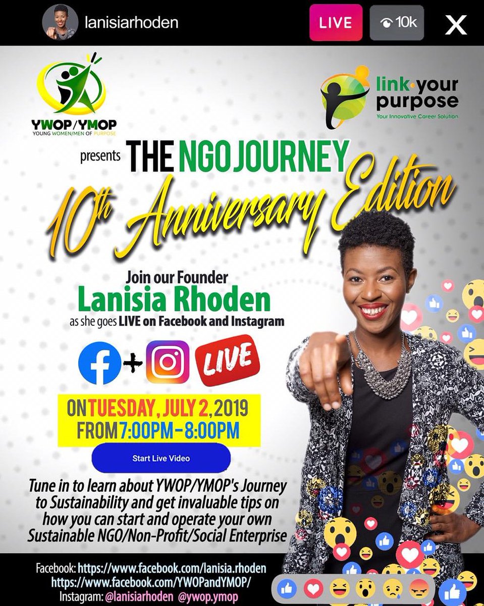 YWOPYMOP's tweet photo. YWOP/YMOP 10th Anniversary Facebook and Instagram Live

Date: Tuesday July 2, 2019
Time: 7:00pm - 8:00pm
Venue: Online

Join our Founder, Lanisia Rhoden, as she shares the NGO's journey over the past 10years &amp; tips on how to start &amp; sustain your NGO/Non-Profit/Social Enterprise https://t.co/cVjPNwwyJT