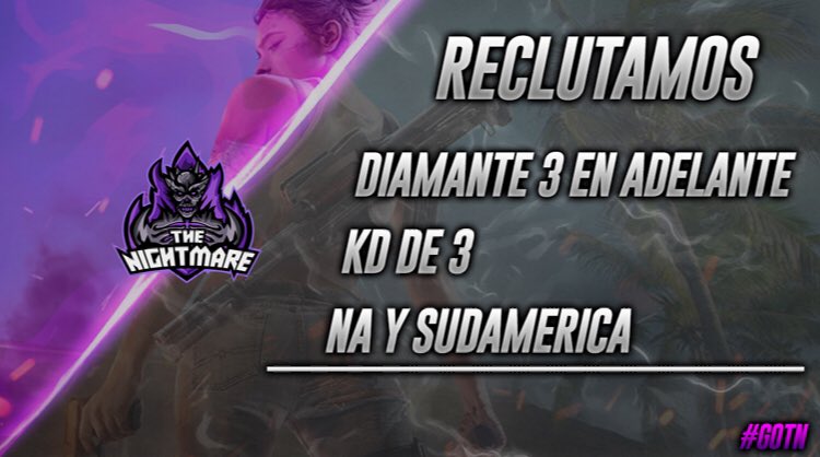 zThe_Nightmare's tweet photo. #FreeFire

Estamos en busca de jugador@s para nuestro nuevo equipo de Free Fire si te interesa formar parte de esta familia envíanos MD!

#GoTN😈

@_TeamPublicidad @Promo_eSport @AyudaJugador https://t.co/1gaqHlJqcY