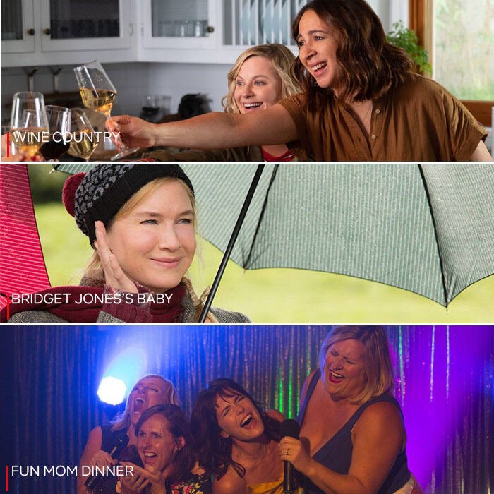 netflixfamily's tweet photo. First title you read is the momcom you’re watching tonight 🍷
#WineCountry
#BridgetJonessBaby
#FunMomDinner https://t.co/V8A3Kl6D7y