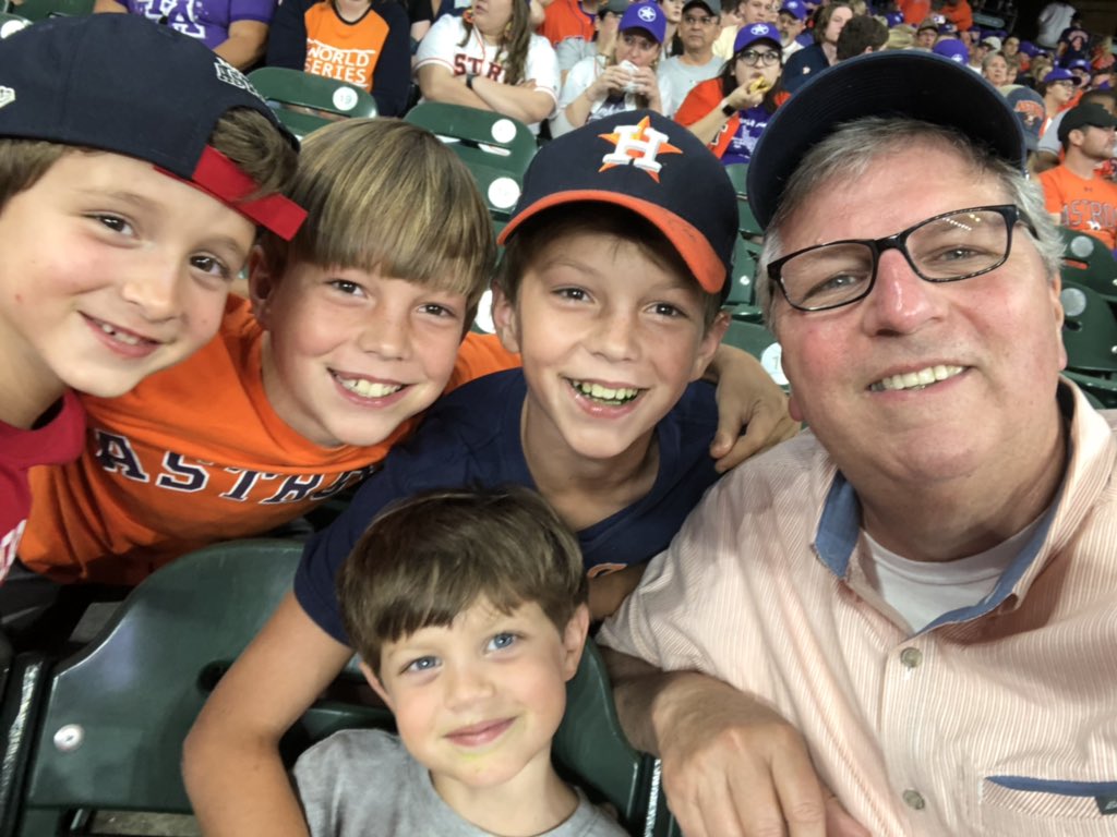 BankPres's tweet photo. Boys trip to #Houston to see the @astros.  First big league game for grandson Wailes Kennedy Sims, surrounded by cousins Bobby Miller and Jackson and Colden Savoy.  Go ‘Stros! https://t.co/vmhC884qIG