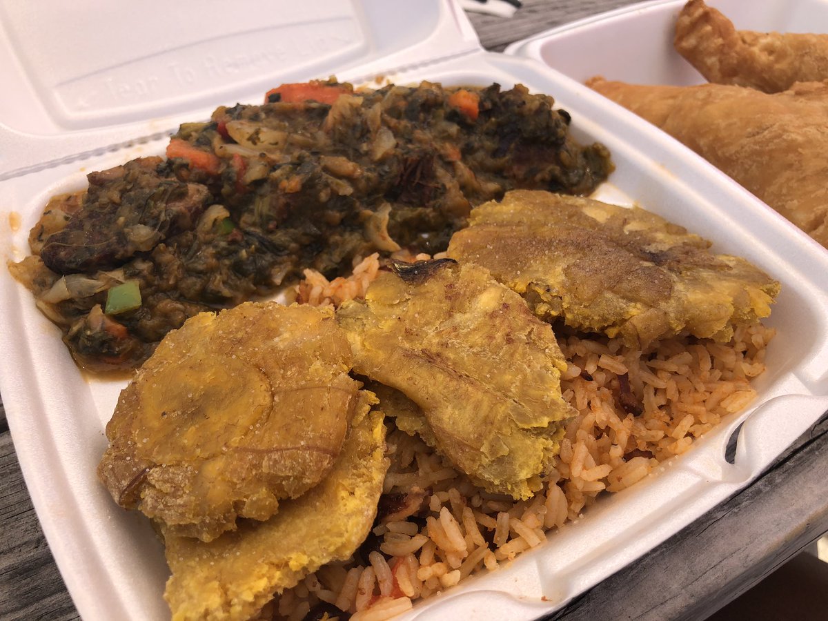 legume berejèn avec tasso, diri kole, bannann peze & pate  come see the fam @ Kréyol Korner!