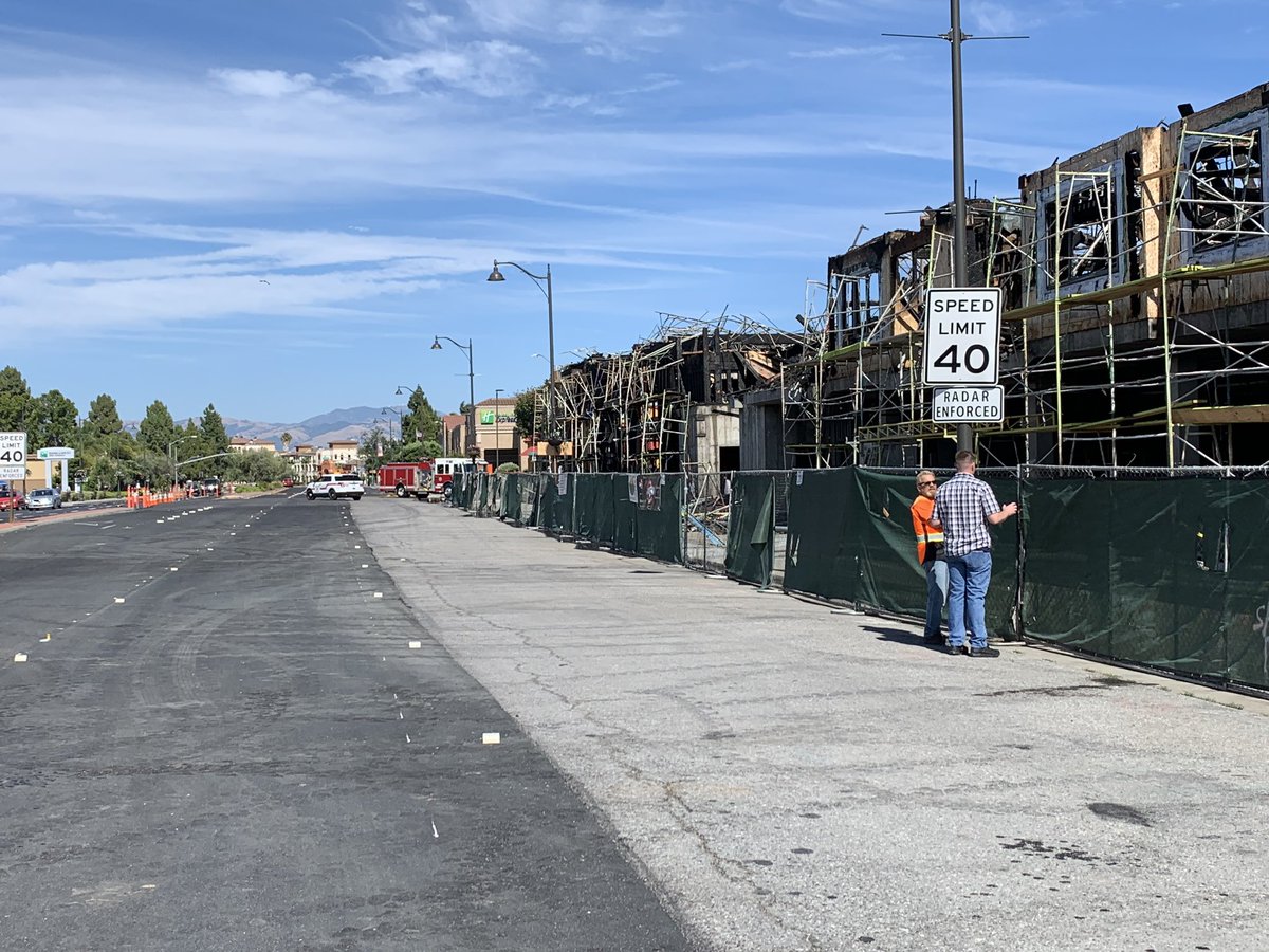 SantaClaraFD's tweet photo. Firefighters continued to secure the fire scene today by addressing remaining collapse hazards. El Camino Real open to traffic. Fire investigators continue with their investigation into the fire cause and location of origin. https://t.co/qjtinMHurT