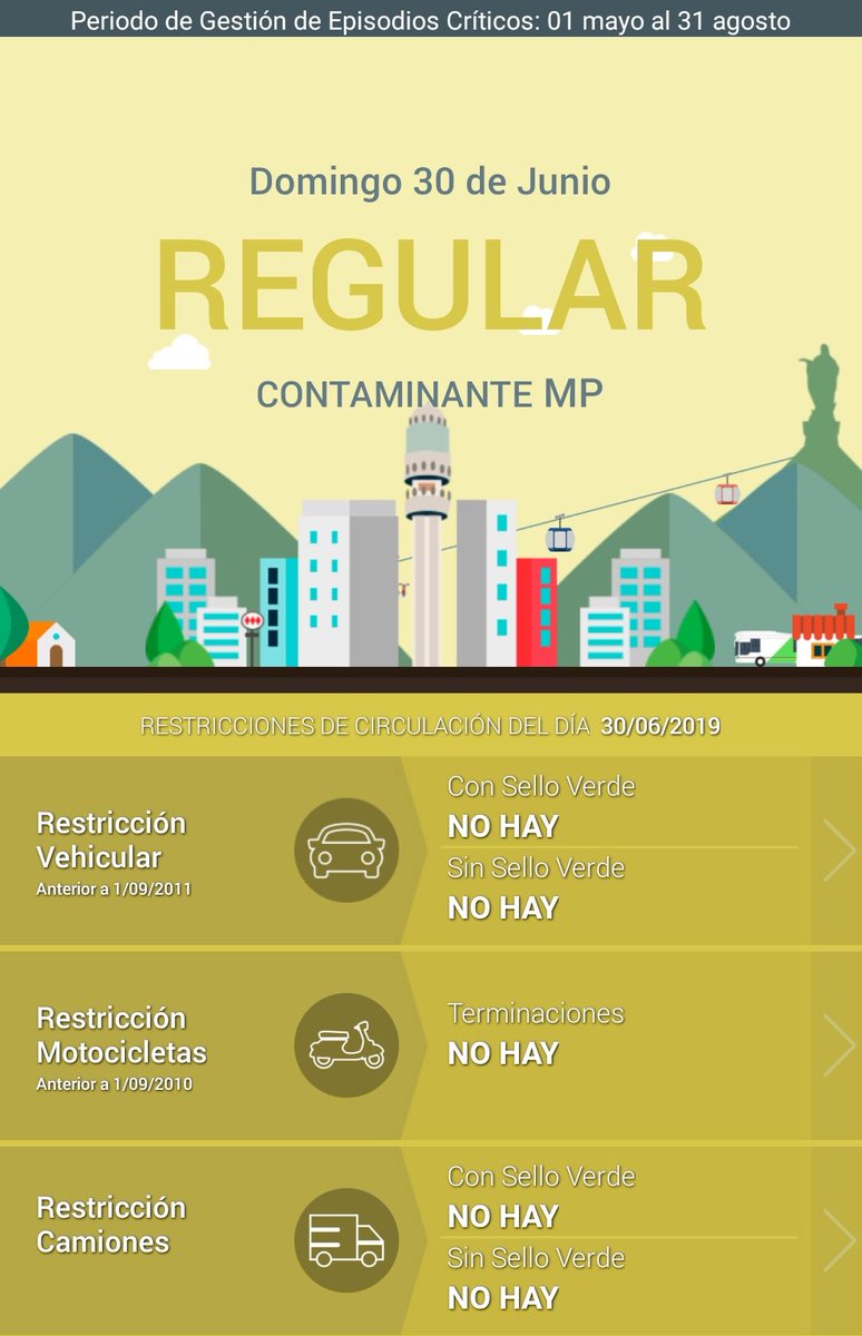 DPPMelipilla's tweet photo. 👉¡Atención Provincia!
Este Domingo 30/06 las condiciones de ventilacion no mejoran
En la #RMdeTodos el pronóstico de calidad de aire es REGULAR.
Se mantiene prohibición de uso de calefactores a leña y 🔥 agricolas en la Prov. #Stgo, #PuenteAlto y #SnBernardo.
#ChileEnMarcha🇨🇱 https://t.co/G41A8dA3RI