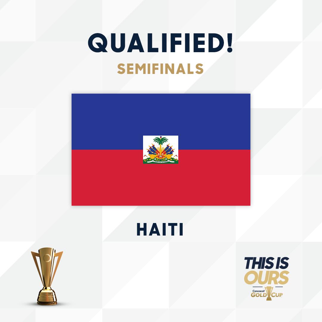 GoldCup's tweet photo. Historic!!! Haiti 🇭🇹 overcomes a 2-0 disadvantage to beat Canada 3-2 and qualify for the semi finals FOR THE FIRST TIME EVER!!! Congratulations!

#GoldCup2019 #ThisIsOurs @fhfhaiti https://t.co/SolVjNqJvx