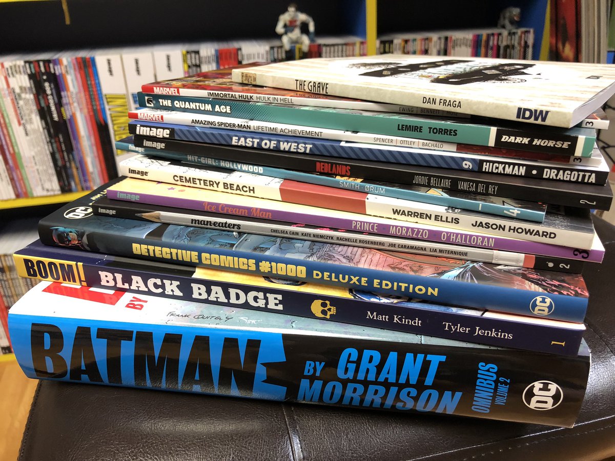 ImperiusRexShow's tweet photo. It was my sonโs birthday but I may have gotten a bunch of these in the mail. Not all of them, but the others wanted to get shown off too. Looking forward to returning to #Batyear with that Morrison omnibus. https://t.co/L4ff3dLf82
