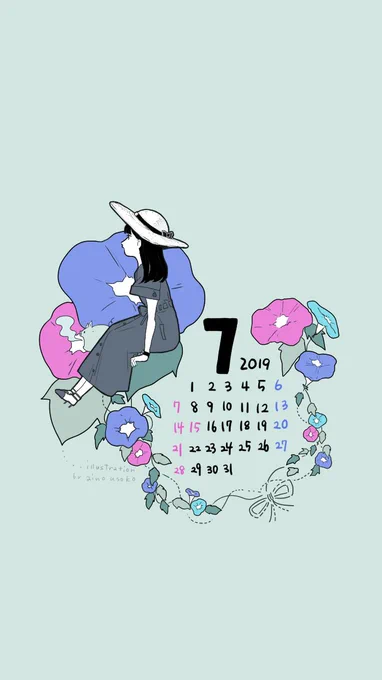 【カレンダー&amp;待ち受け画像】7月のカレンダー作りました。リプライにカレンダーなしのイラストも載せています。使っていただけたら幸せです! 