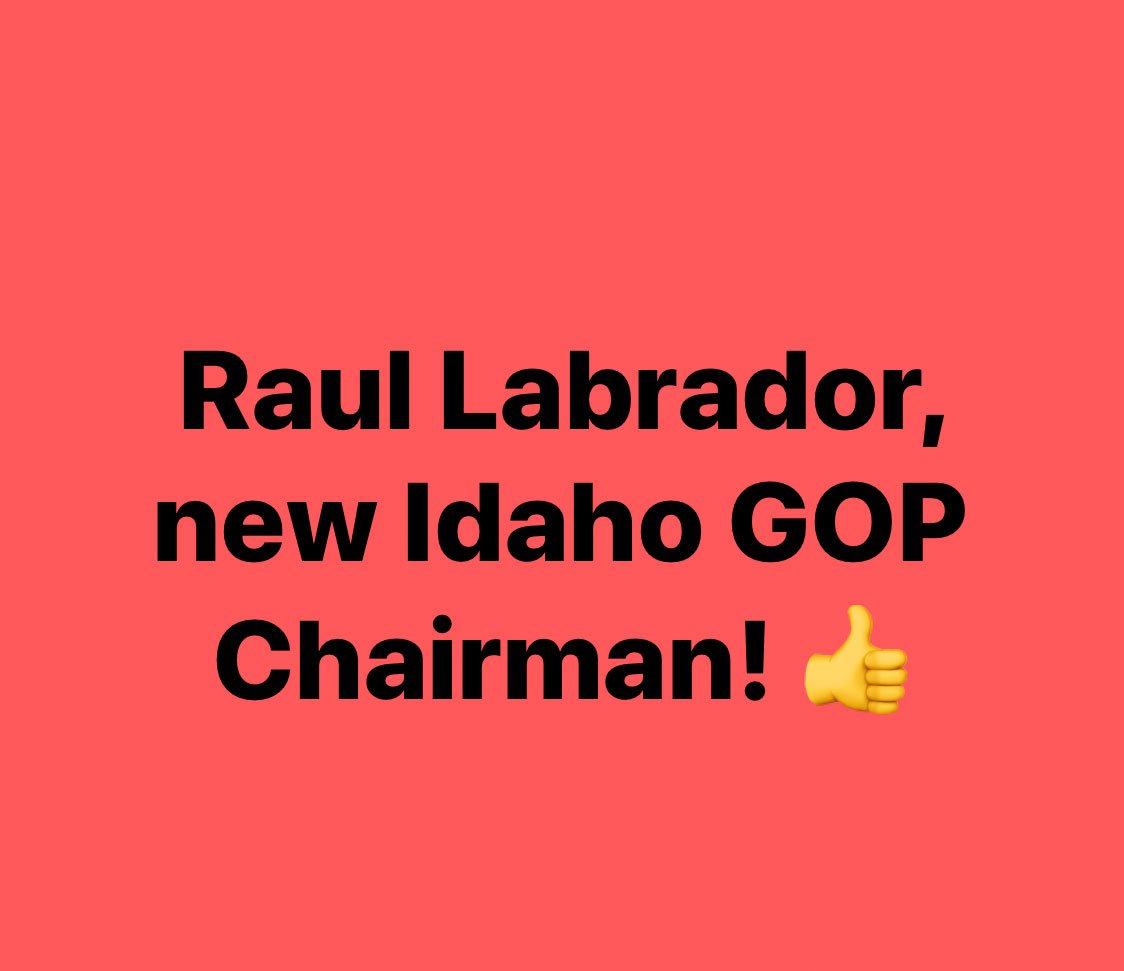 KCRCC's tweet photo. Our new Idaho Republican Party Chairman is Raul Labrador!
The votes was Raul Labrador 111 votes to Tom Luna 109 votes.
Congratulations Raul!
#kootenaigop #raullabrador #idgop #idpol https://t.co/u8uQWodgCB