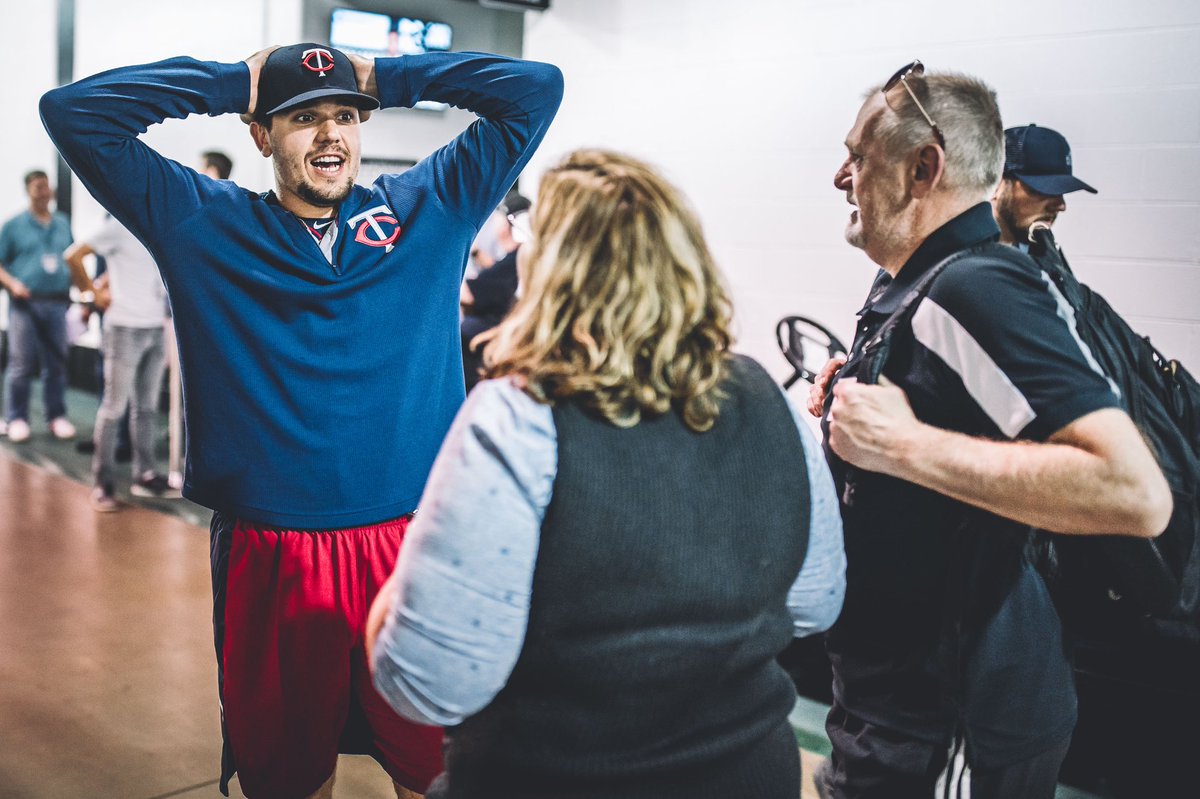 Twins's tweet photo. SURPRISE! Lewis Thorpe’s parents flew to Chicago from Melbourne, Australia for his Major League debut - he will take the mound to start tomorrow’s game vs the White Sox! #MNTwins https://t.co/YU6TIUFqRh