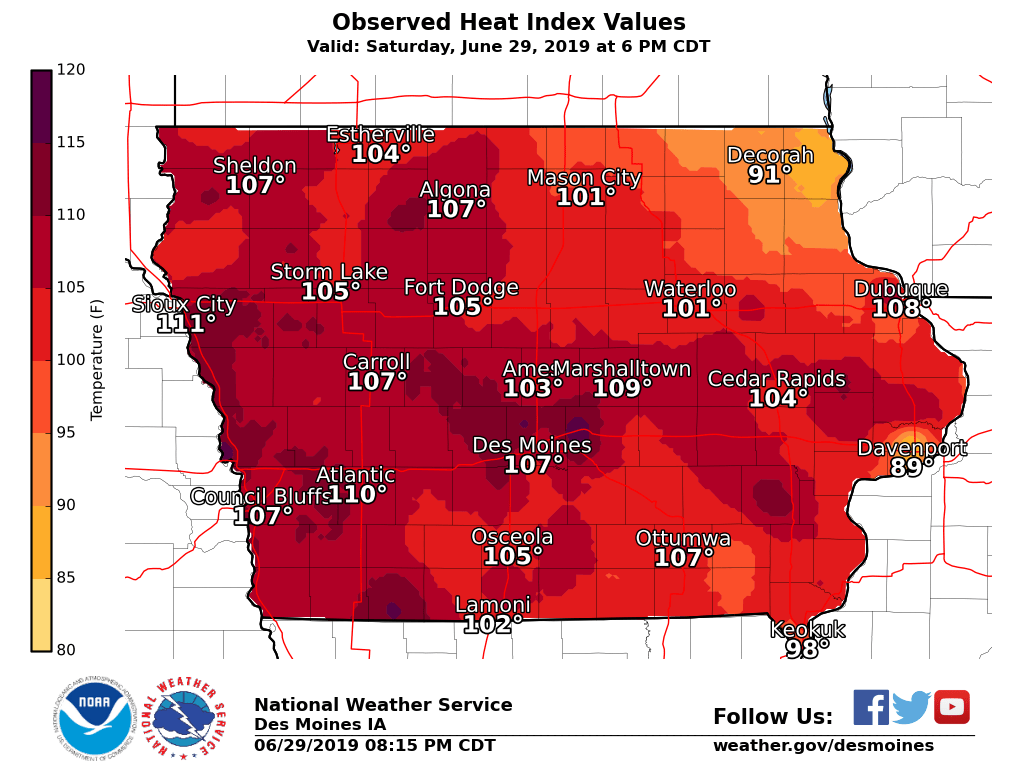 NWSDesMoines's tweet photo. Some of the hottest observed heat index values from today across Iowa. #iawx https://t.co/Gc0QljFyFy