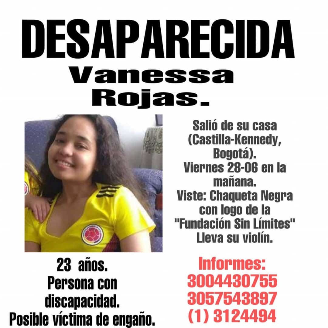 vicky90001's tweet photo. Buen día. Vanesa Rojas es una joven con Discapacidad intelectual, es independiente y puede comunicarse verbalmente. Salió de su casa en la ciudad de Bogotá ayer 28 de junio de 2019, llevaba su violín, se encuentra desaparecida, su familia agradece la difusión la información. RT https://t.co/flw1DsdChC