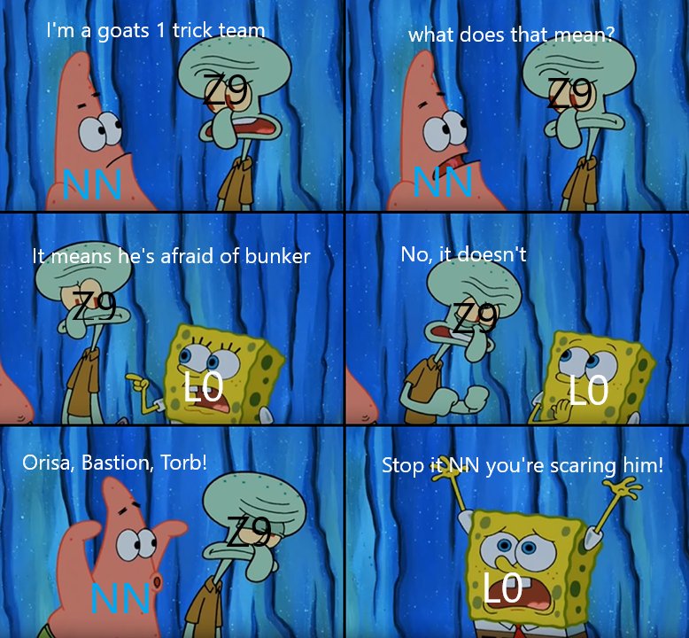 NootsOW's tweet photo. Noot noot loses to @Official_Z9 3-1 but gets the moral victory on Bastion Torb bunker on numbani heres a meme for you! https://t.co/tjAJeiKZQ7