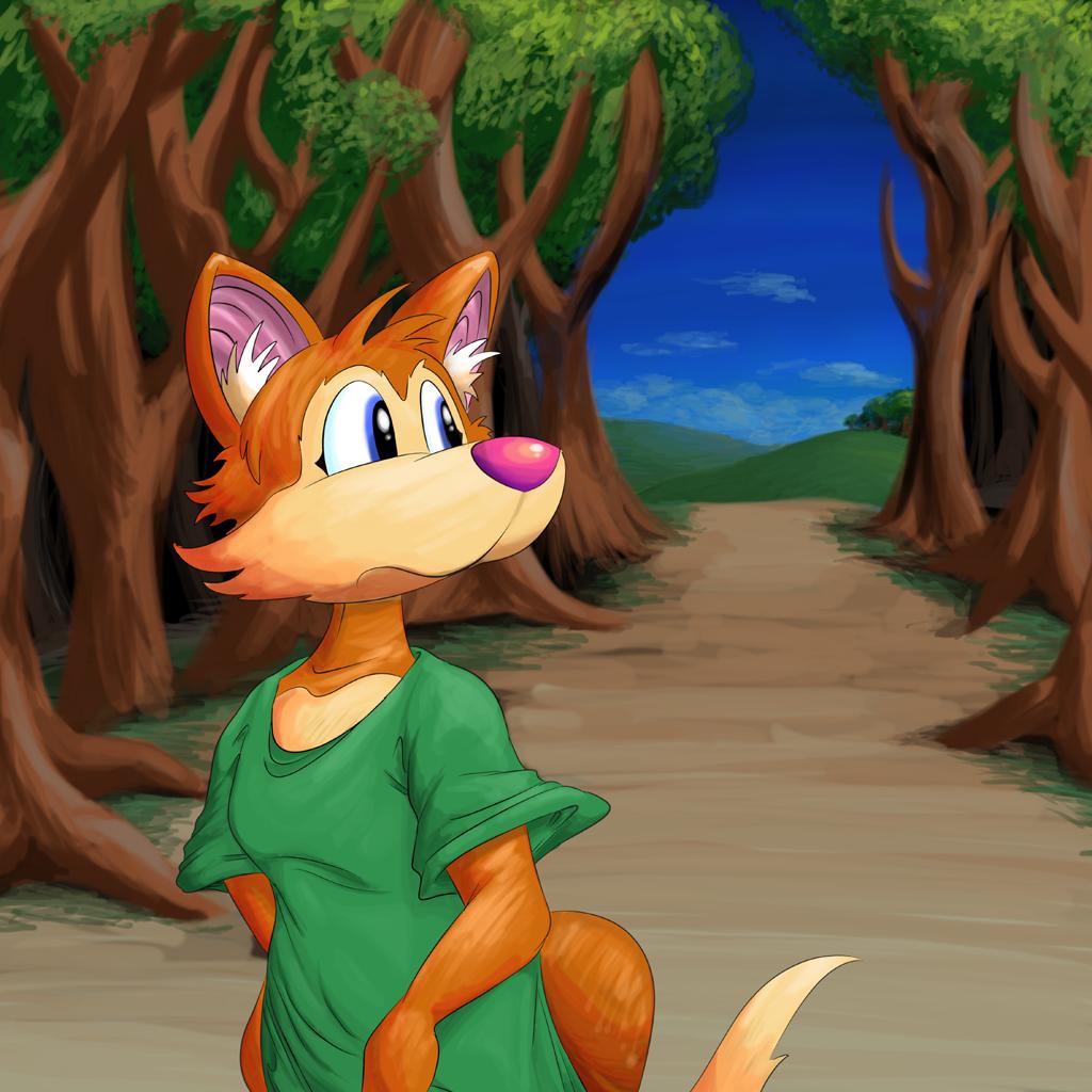 A fox-like Furry character looks back warily as they walk down a forest path.