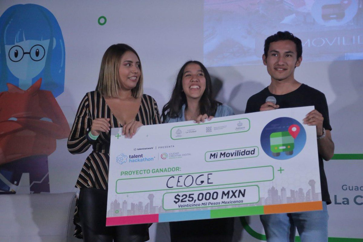 GuadalajaraGob's tweet photo. Finalizó el primer #TalentHackathon y en la categoría Mi Movilidad el equipo Ceoge se llevó el premio de 25,000 pesos por su proyecto para gestionar el espacio al interior del transporte público a través de plataformas digitales. https://t.co/LFJLQl6tfY