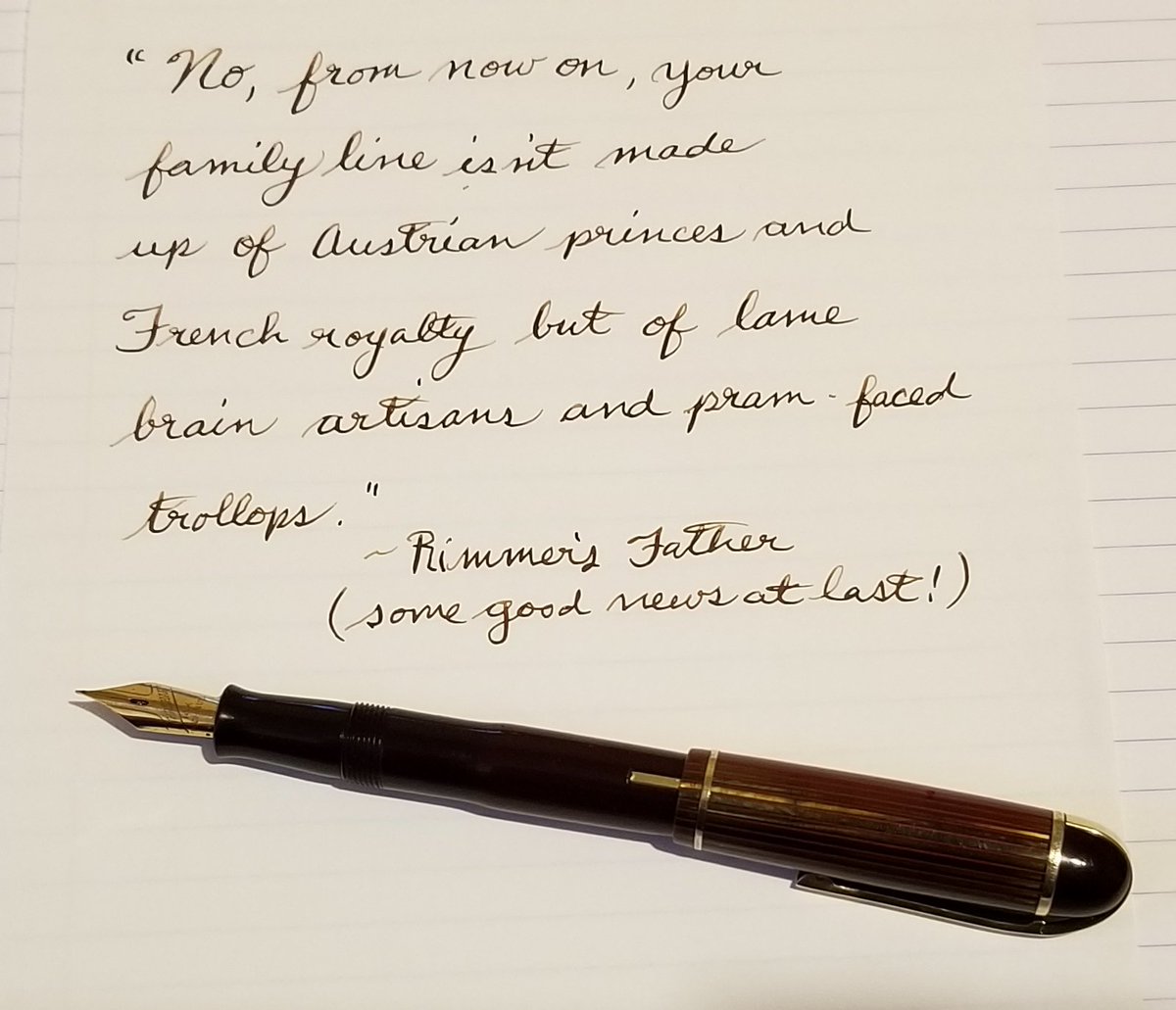 AnnPeek's tweet photo. #RedDwarf #reddwarfquotes #arnoldjrimmer #fountainpen #fountainpenink #vintage #1940something #1940s #eversharpskyline #watermanabsolutebrown #tomoeriverpaper #rimmersfamily #rimmersdad #theOGhologram #ivealwaysgotapen #vintageflexnib #vintagefountainpen https://t.co/n5MrmlUDU6