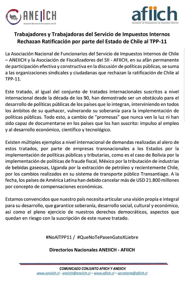 yonoquiero_tpp's tweet photo. @quinterosenador La Confederación Fenpruss y los Trabajadores del Servicio de Impuestos Internos se han sumado al llamado a rechazar la ratificación del TPP11. Cada día+chilenos dicen #NoalTTP11. Esperamos q vote escuchando a los chilenos y no el interés d las transnacionales. https://t.co/Q6JsirO9SV