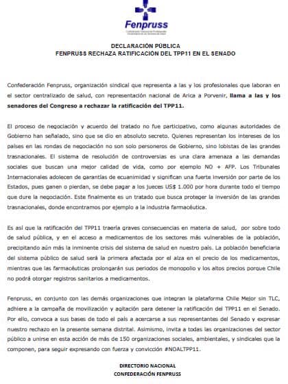 yonoquiero_tpp's tweet photo. @SenadorJSoria  La Confederación Fenpruss y los Trabajadores del Servicio de Impuestos Internos se han sumado al llamado a rechazar la ratificación del TPP11. Cada día+chilenos dicen #NoalTTP11. Esperamos q vote escuchando a los chilenos y no el interés d las transnacionales. https://t.co/pElZwWUvaR