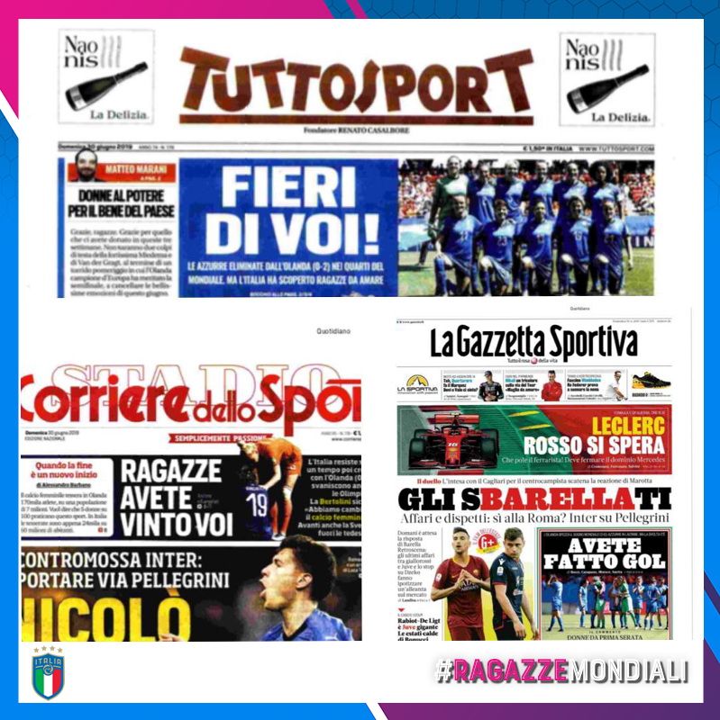 AzzurreFIGC's tweet photo. 🇮🇹 Tutta Italia è fiera delle #RagazzeMondiali La prima pagina dei quotidiani sportivi 🗞️
#FIFAWWC https://t.co/IuFeCIA4JH