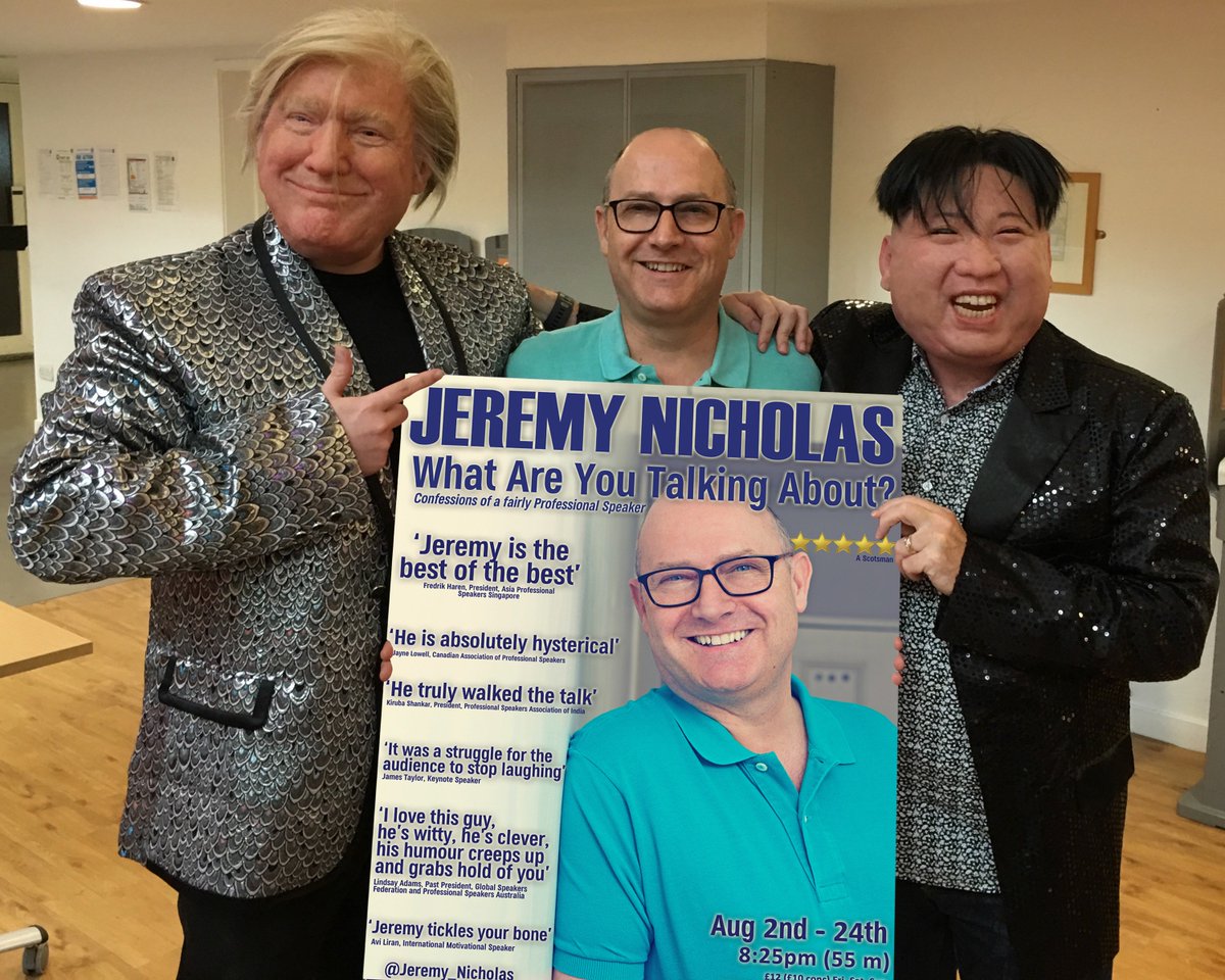 Jeremy_Nicholas's tweet photo. Thanks to my friends Donald and Kim who met up to give my Edinburgh show a plug. Great guys. Bigly good meeting in the Dee Em 'Zed'. https://t.co/jfYjUBKSt7 @realDonaldTrump @RuleDonaldTrump #LittleRocketMan #EdFringe #WAYTA @TheSpaceUK https://t.co/5jrPnAvEOE