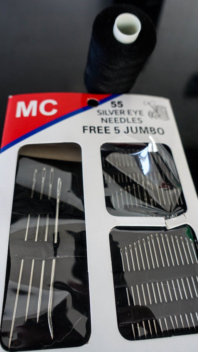 TempResidents's tweet image. Looking for a simple sewing kit for one small fix, and the closest thing we could find is a pack of 55 needles and a giant spool of black thread  (300 lek = $2.78). Anyone need something repaired? Like a circus tent, or 57 pairs of black jeans?🧵🙃