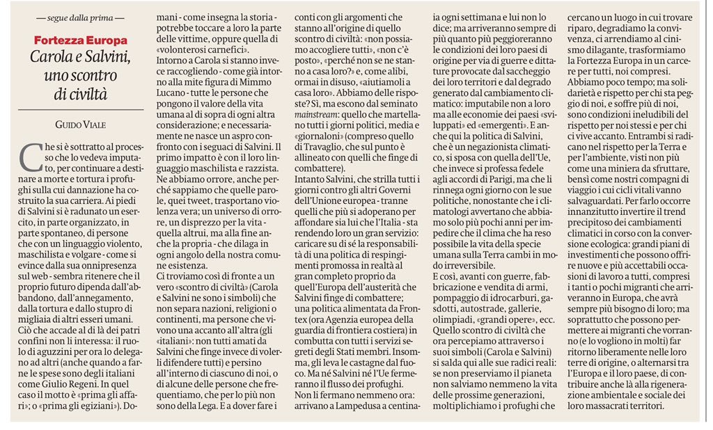 Carola e Salvini
Uno scontro di civiltà
Guido Viale, <a href="/ilmanifesto/">il manifesto</a>