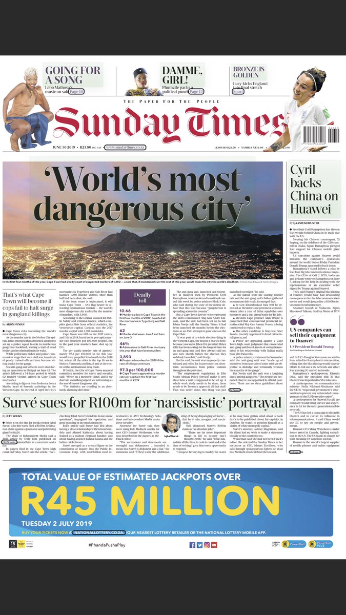 flyinglawyer73's tweet photo. Sensationalist headlines appear to be a feature of papers called the “Sunday Times”. Cape Town (like any city in South Africa) has crime issues but to label it “World’s most dangerous” is ridiculous. Johannesburg is far more tense and requires significant precautions. https://t.co/M66K9zFHFu
