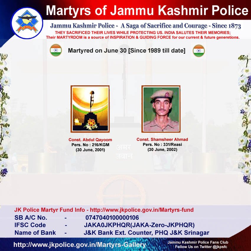 wassimgul's tweet photo. #JKP #JammuKashmirPolice🇮🇳 #Tributes #bharatkeveer

🌼Kuch Yaad Unhe Bhi Kar Lo, Jo Laut Ke Ghar Na Aaye🌼
Martyred on #June_30 [Since 1989 til date]

#JammuAndKashmir #Jammu #Kashmir #Ladakh #SundayMotivation
#MannKiBaat #ENGvIND #Budgam #SundayThoughts https://t.co/KPTRF6KLzN