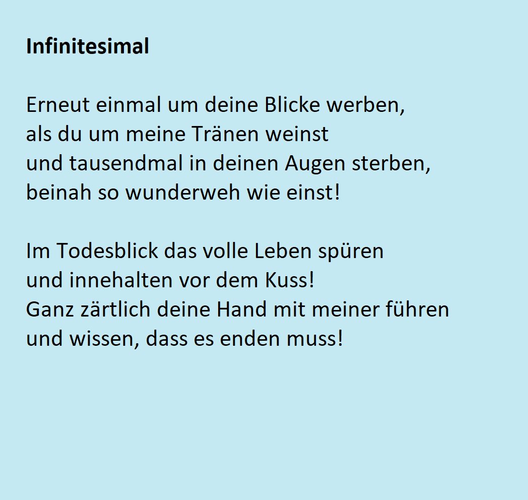 SchmuddiAlex's tweet photo. Infinitesimal
Aus "Fernab - Gedichte eines Vergessenen"
https://t.co/UYUM2jmeYS … … …
#Poesie #Lyrik #Gedicht #Literatur #Liebe #Fernab #Tod #Trauer #poetry #poetrycommunity #Sehnsucht #Empfindsamkeit https://t.co/AOZnwS4ZlL