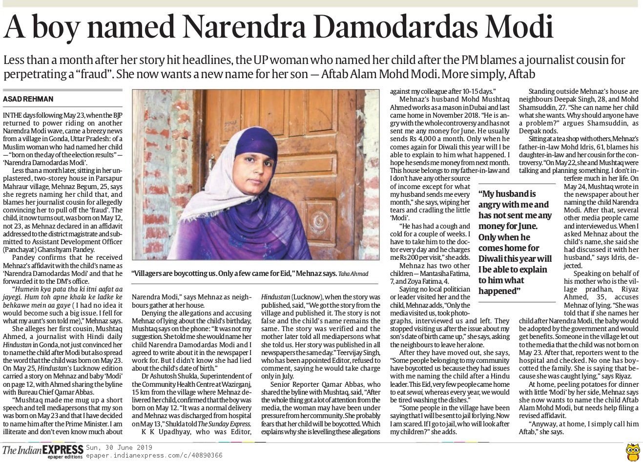 Asad Rehman on X After results of LS polls came a breezy news from a UP village of a Muslim woman who had named her child Narendra Damodardas Modi She now