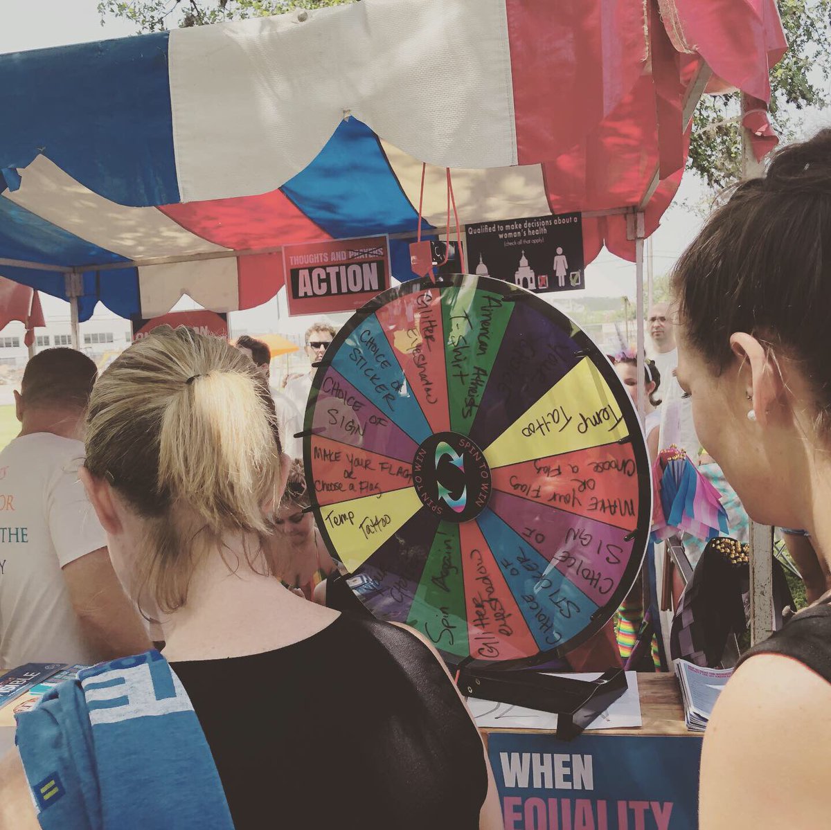 southtxatheists's tweet photo. #pridebiggerthantexas #glittereyeshadow #tshirts #spinthewheel #atheistsforequality https://t.co/4m60xl8iRu