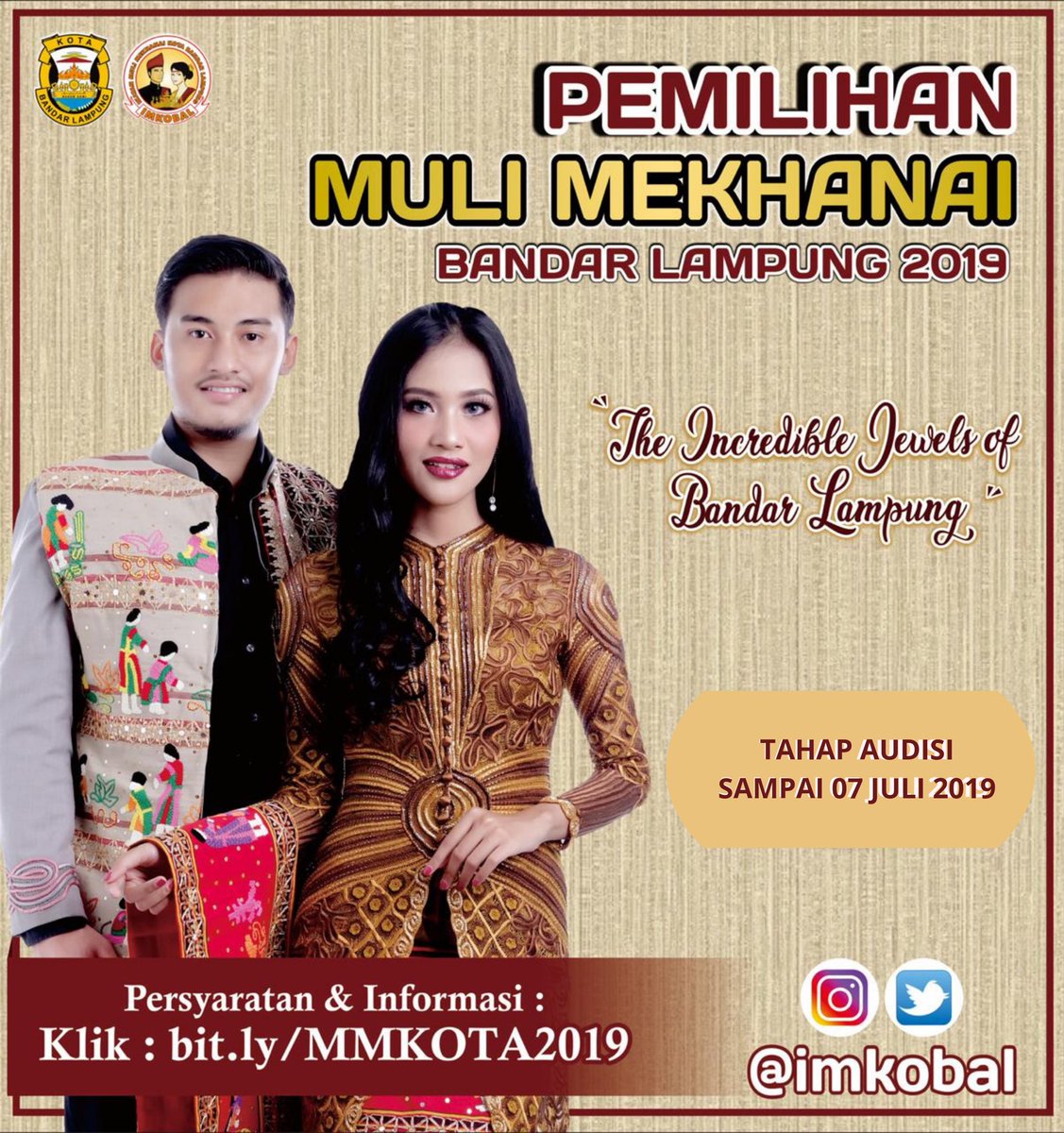 Babak Audisi Muli Mekhanai Kota Bandar Lampung 2019 berlangsung hingga 7 JULI 2019. Info dan persyaratan silakan Klik 👉 bit.ly/MMKOTA2019