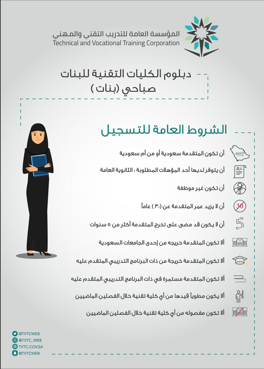 tvtcweb's tweet photo. لخريجات الثانوية.. 
التقديم على برنامج #الدبلوم الصباحي الكليات التقنية للبنات متاح الان على البوابة https://t.co/QjmHUby8WH
بالتوفيق للجميع https://t.co/6UBT08jqyr
