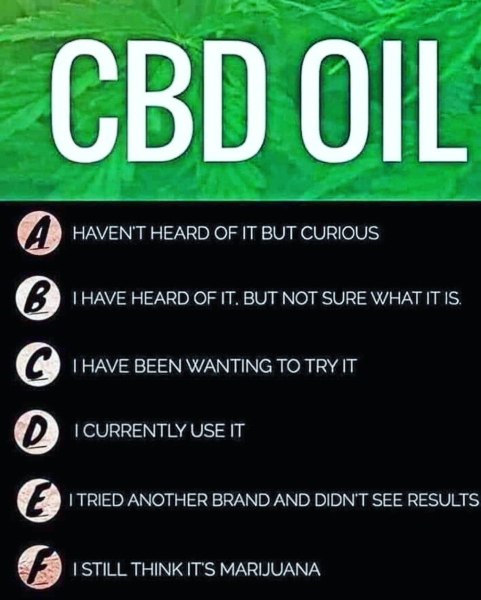 Wehit's tweet photo. Where Do You Stand?
Comment your thoughts; A, B, C, D, E ,F
#WeHitCBD
#hemplaw #2018farmbill #hempfuture
#CBDlife #painrelief #CBDheals #hempoil #painmanagement #cannapreneur #cbdoil #CBD #cbdproducts #health #pains #entrepreneur #healthandwellness #healthbenefits #wellness https://t.co/f8wDs7Gy5q