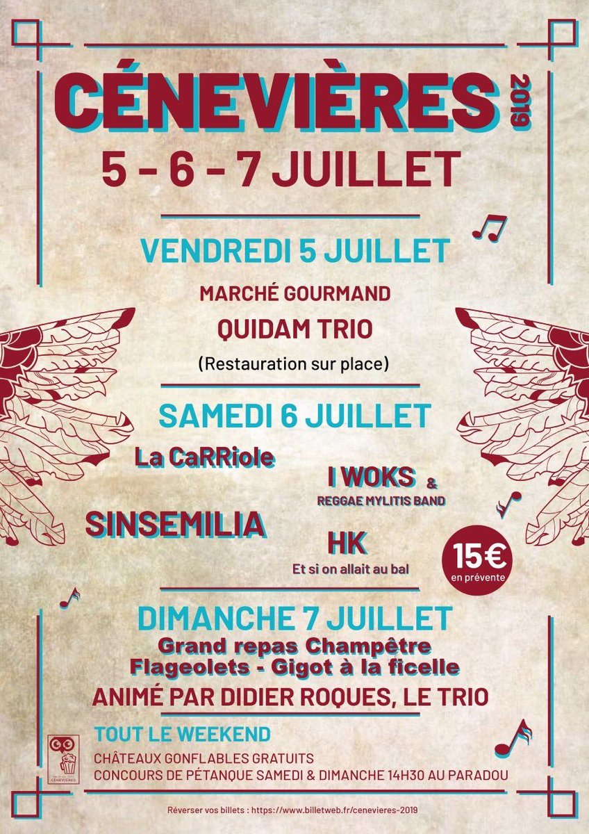 Fête de Cenevières les 5, 6 et 7 juillet 2019 avec en concert le 6/7/2019 le groupe #Sinsemilia #lacarriole #iwoks #cenevieres