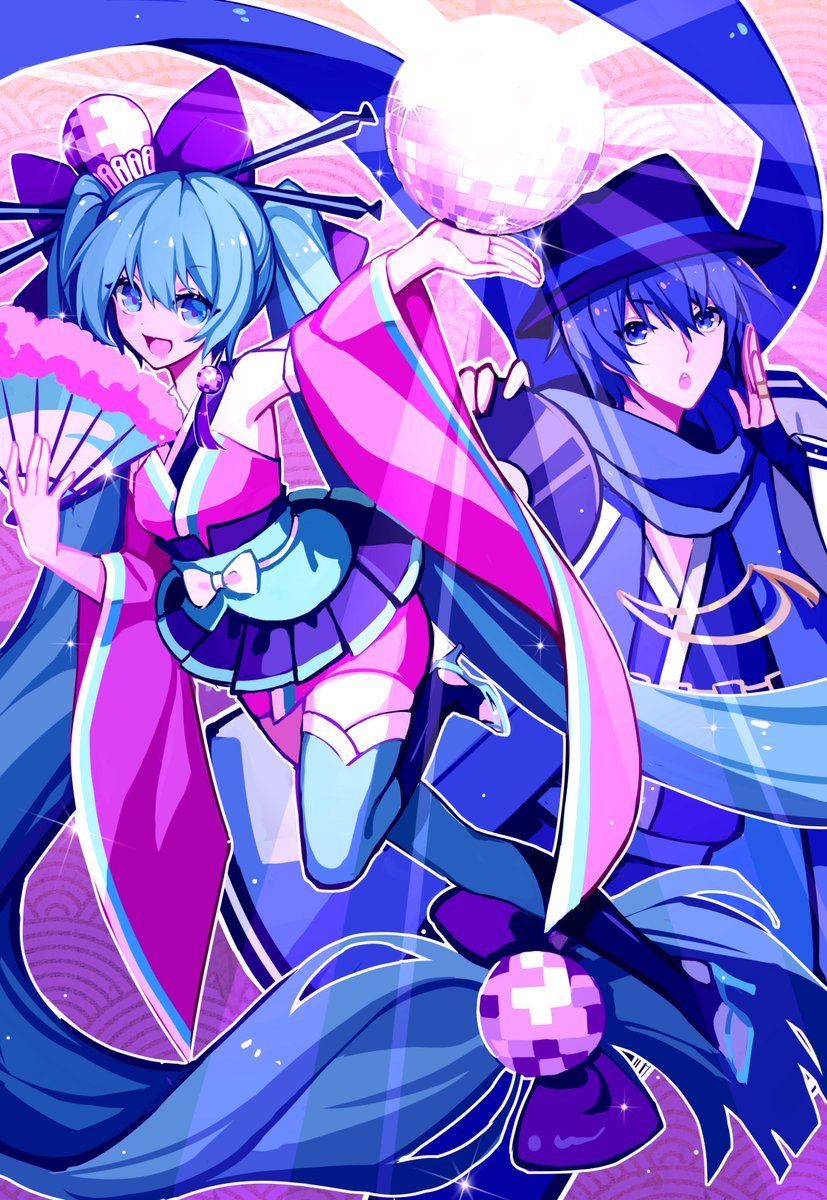 hatsune miku ,kaito (vocaloid) 1girl blue hair blue scarf 1boy long hair blue eyes very long hair  illustration images