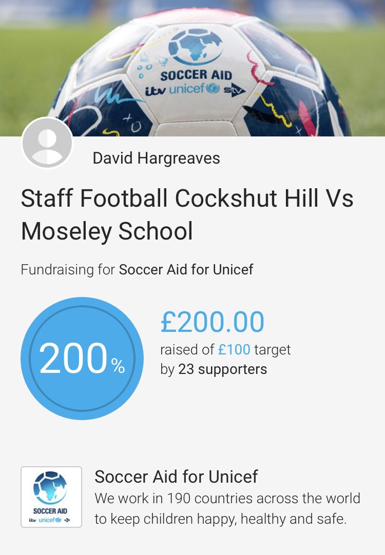 The final amount raised on the JustGiving page for UNICEF. Thank you to all staff who donated from Cockshut Hill and Moseley School 👍👍#CockshutHill #MoseleySchool