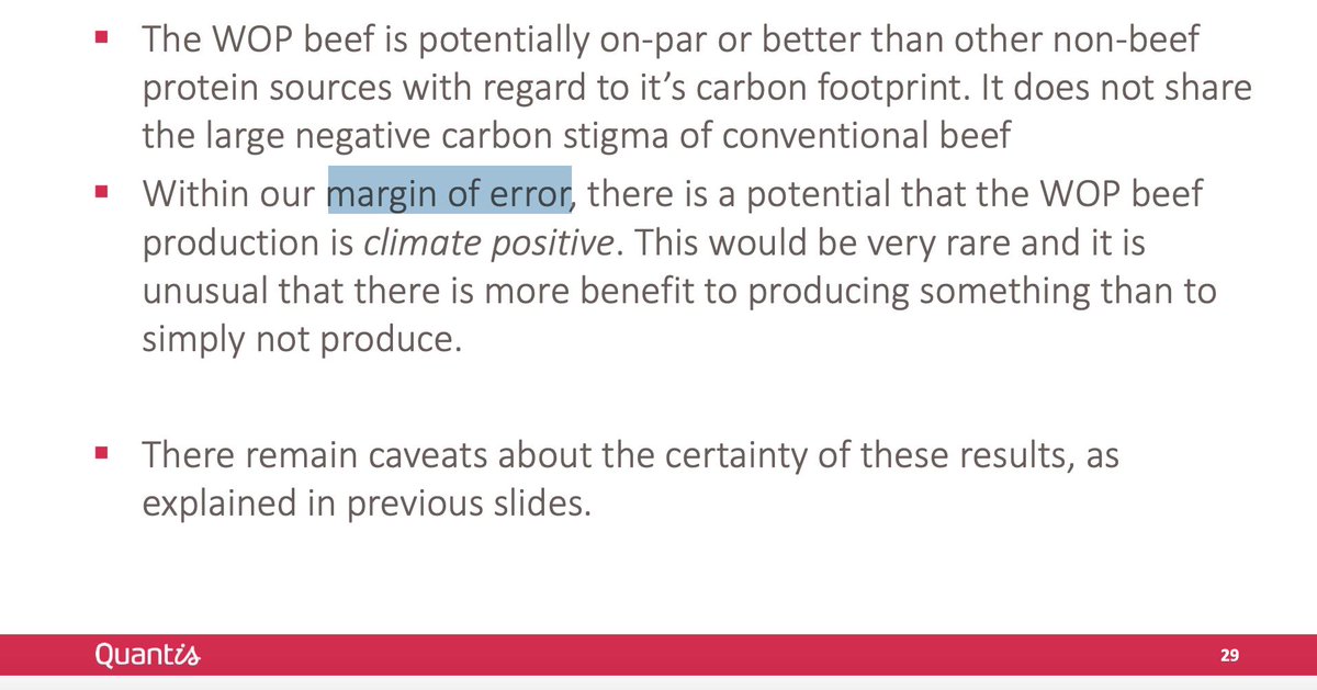 Quantis concluded: “The WOP beef is potentially on-par or better than other non-beef protein sources with regard to it’s (sic) carbon footprint."But then clarified: "Within our margin of error, there is a potential that the WOP beef production is climate positive” (5/10)