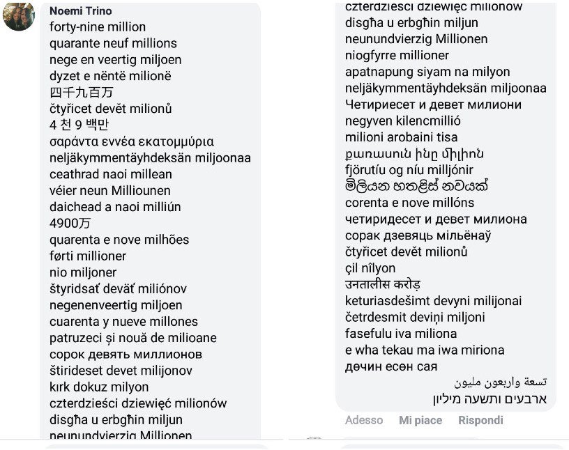 NoeT__'s tweet photo. La pagina FB di Salvini impedisce la pubblicazione dei post in italiano che contengano la cifra 49 milioni. Ma possiamo ricordarglielo in molte altre lingue: qui sotto sono 49, come i milioni di euro di rimborso elettorali che la Lega deve resistuire in comode rate ottantennali. https://t.co/6D6aHgGPw3