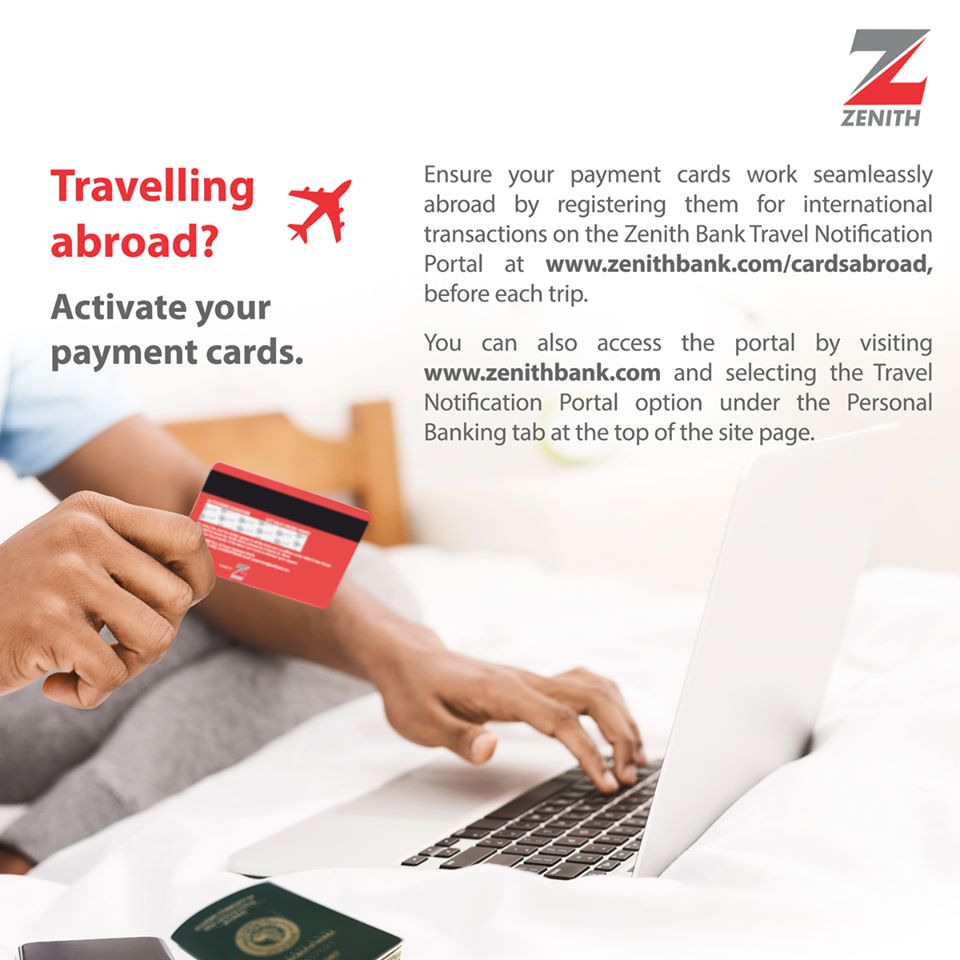 ZenithBank's tweet image. Travelling abroad? You can activate your cards for payment now!
Simply visit zenithbank.com/cardsabroad to register for international transactions.
#Cards #Payments #LifeMadeSimple