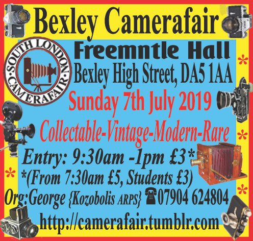 A vast display of collectible-Vintage-Film & Digital Cameras &Photographica.               Our Summer Camerafair will take place on Sunday 7thJuly 2019 at The Freemantle Hall Bexley High Street, DA5 1AA