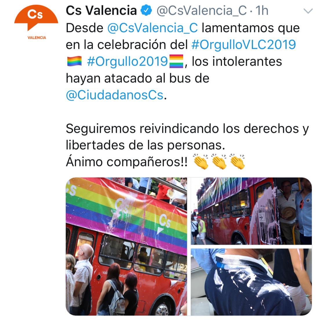 Grupos de auténticos fascistas enturbiaron ayer la celebración del #Pride2019 con sus ataques a Ciudadanos en Barcelona, Valencia y Sevilla. Si creen que con su violencia nos van a callar es que no conocen al partido de los valientes.

¡Todo mi apoyo, compañeros!
💪🏻🍊🏳️‍🌈🇪🇸
