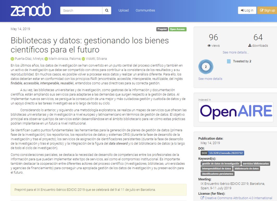 IberEnc's tweet photo. Com. 073 #EDICIC2019 Puerta-Díaz, M; Marín-Arraiza, P @pmarrai ; Vidotti, S. Bibliotecas y datos: gestionando los bienes científicos para el futuro https://t.co/tyAFjKFQ3D
Algunas comunicaciones ya cuentan con un buen número de descargas antes del Encuentro #FlippedConference https://t.co/ov0AU0La7J