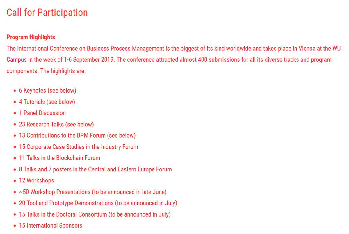 We are happy that our Call for Participation to #BPM2019 is extended with 15 Corporate Case Studies in the Industry Forum, 11 Talks in the Blockchain Forum, and 8 Talks and 7 posters in the Central and Eastern Europe Forum:. Workshops, Demo, DC to follow. bpm2019.ai.wu.ac.at